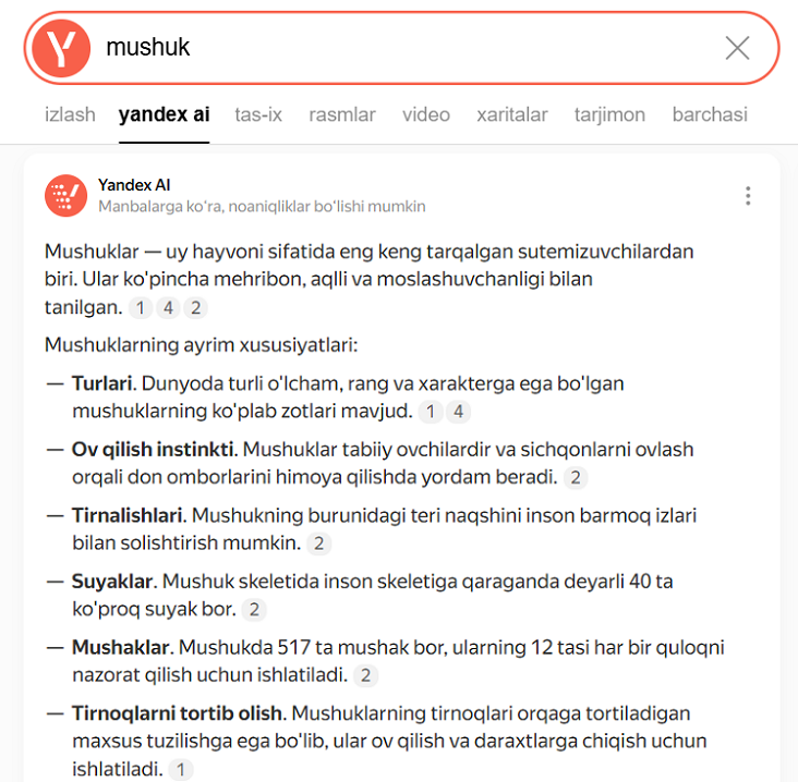 Yandex AI yordamida Qidiruv