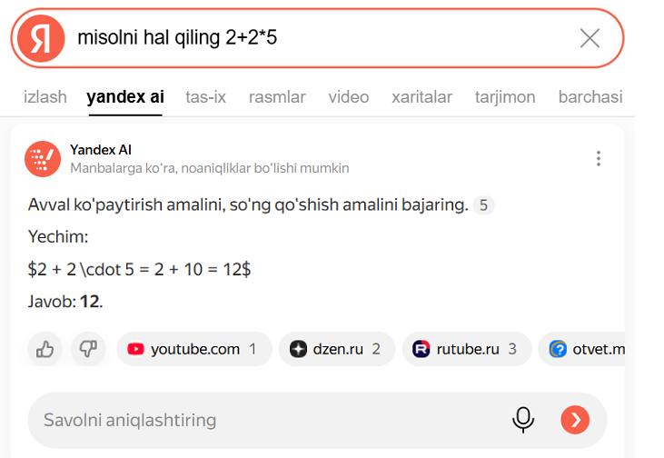 Yandex AI — matematik masalalarni yechish uchun